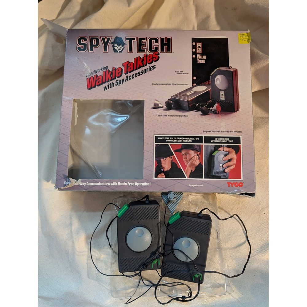 1990s Tyco Spy Tech Walkie Talkies Hands Free Secret Agent Toy Set Boxed Works